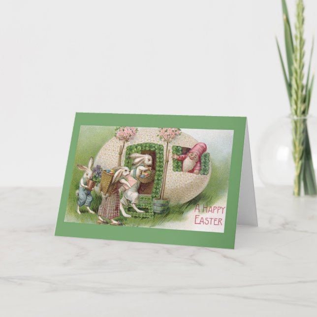 Vintage Easter Gnome And Bunnies Easter Card (Front)