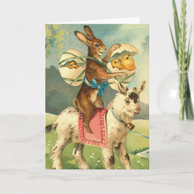 Vintage Easter Goat, Rabbit, and Chicks Holiday Card (Front)