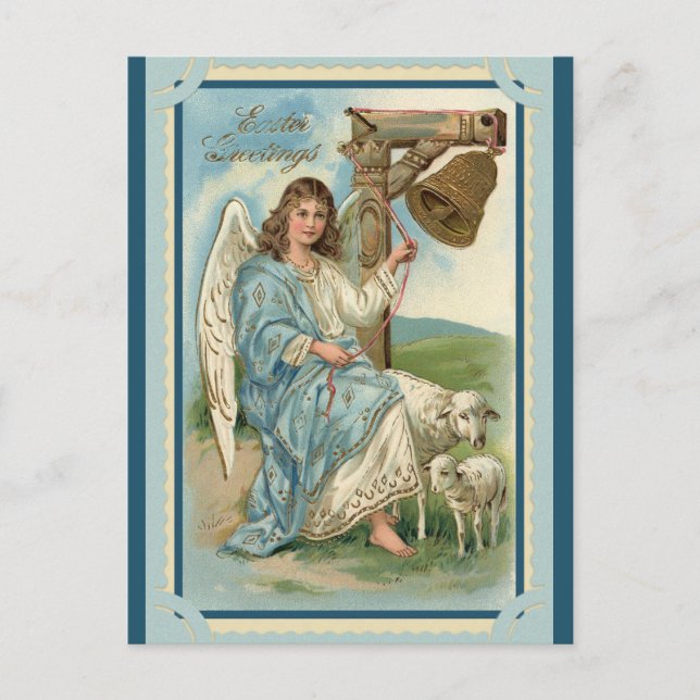 Vintage Easter Greetings Angel Sheep Bell Postcard (Front)
