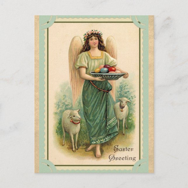 Vintage Easter Greetings Angel Sheep Eggs Postcard (Front)