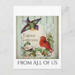 Vintage Easter Greetings Birds Nest Rustic Fence Postcard