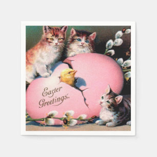 Vintage Easter Greetings Cats Chick and Easter Egg Napkin