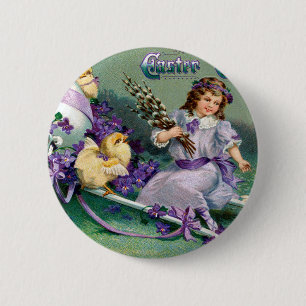 Vintage Easter Greetings Girl Egg Chick Carriage 6 Cm Round Badge
