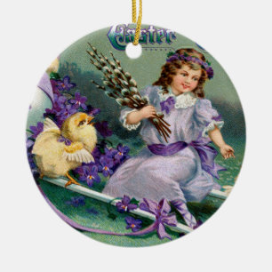 Vintage Easter Greetings Girl Egg Chick Carriage Ceramic Tree Decoration