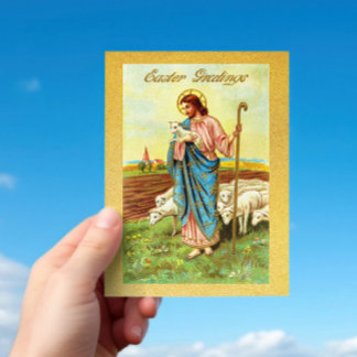 Vintage Easter Greetings Shepherd Sheep Lamb Jesus Postcard