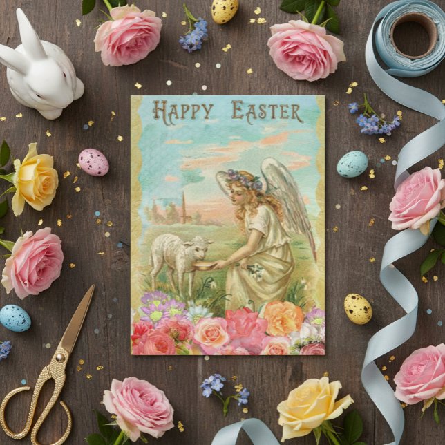 Vintage Easter Greetings Spring Angel Lamb Postcard (Creator Uploaded)