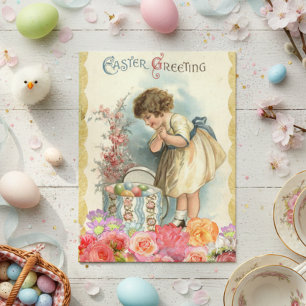 Vintage Easter Greetings Spring Girl Eggs Flowers Postcard