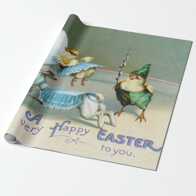 Vintage Easter Greetings Wishes Chicks Circus Wrapping Paper (Unrolled)