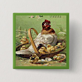 Vintage Easter Hen and Chicks in Basket 15 Cm Square Badge