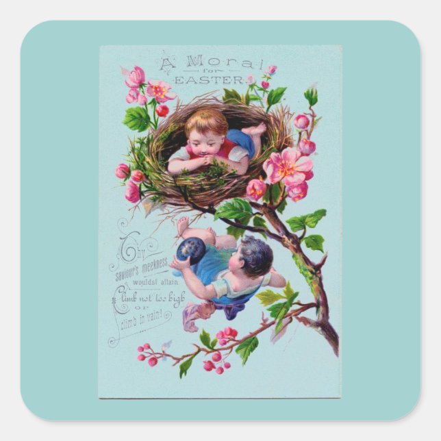 Vintage Easter Illustration in Blue Square Sticker (Front)