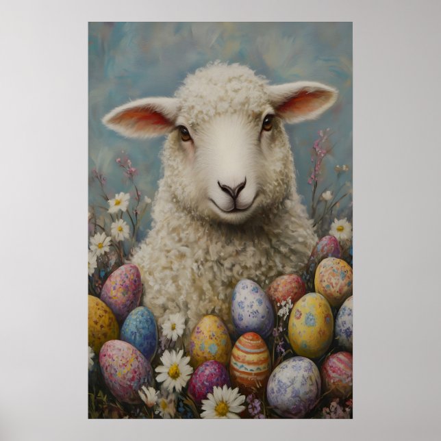 Vintage Easter Lamb Print, Farmhouse Spring Poster (Front)