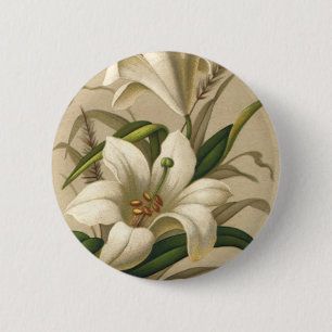 Vintage Easter Lilies, Victorian Flowers in Bloom 6 Cm Round Badge