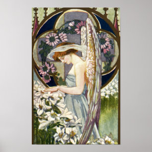 Vintage Easter Lily Flowers and Victorian Angel Poster