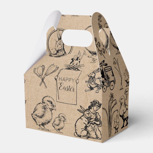 Vintage Easter Rabbit & Chick Kraft Brown  Favour Box (Front Side)