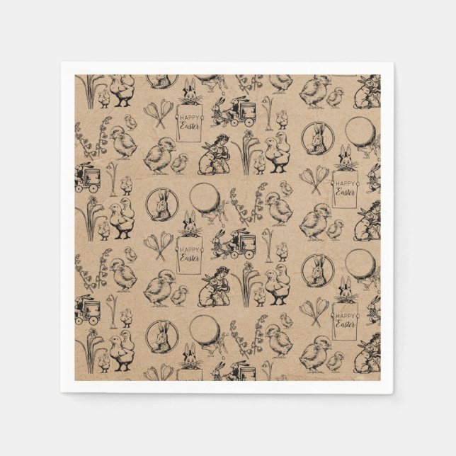 Vintage Easter Rabbit & Chick Kraft Brown Napkin (Front)