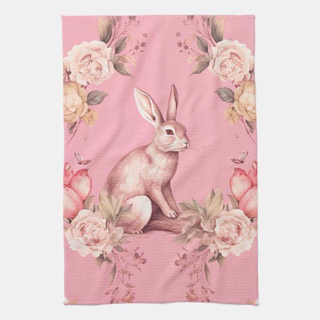 vintage easter rabbit pink floral tea towel (Vertical)