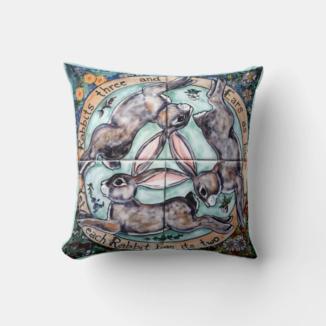 Vintage Easter Rabbit Running Hare Trio Spring Cushion (Front)