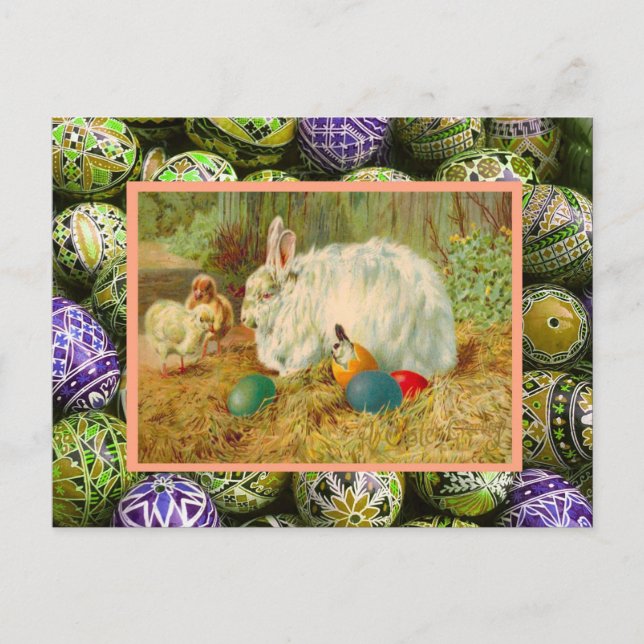 Vintage Easter, Rabbits, chicks and eggs Holiday Postcard (Front)