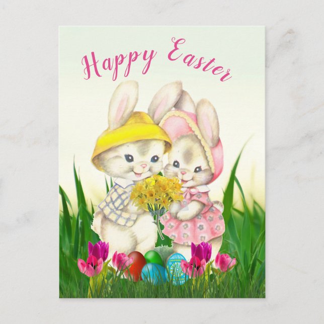Vintage Easter Rabbits in Flower Garden Holiday Postcard (Front)