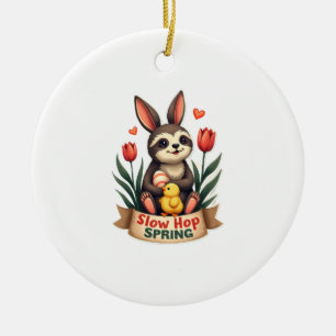 Vintage Easter Sloth Bunny Spring Flowers Shirt 2 Ceramic Tree Decoration