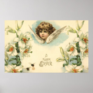 Vintage Easter, Victorian Angel with Lily Flowers Poster