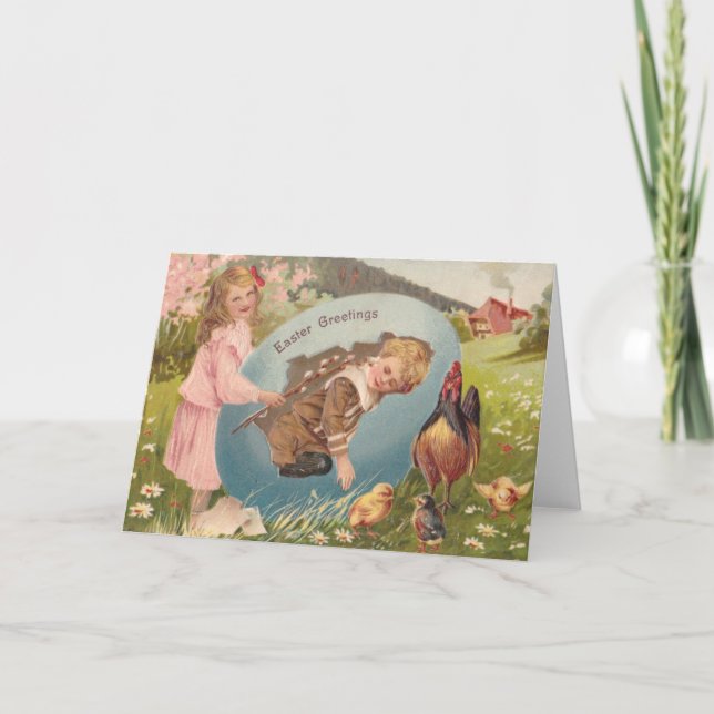 Vintage Easter Victorian Girl & Boy Holiday Card (Front)