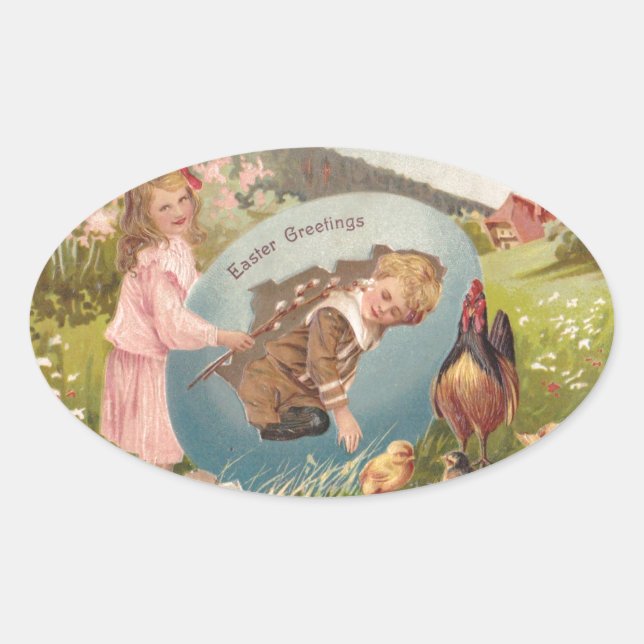 Vintage Easter Victorian Girl & Boy Oval Sticker (Front)