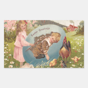 Vintage Easter Victorian Girl & Boy Rectangular Sticker