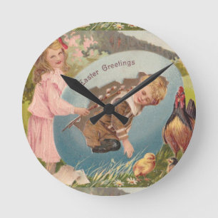 Vintage Easter Victorian Girl & Boy Round Clock