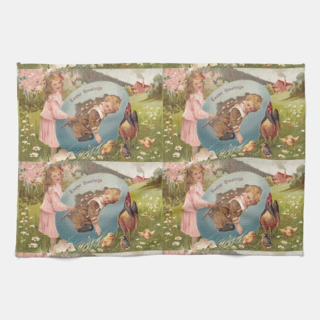 Vintage Easter Victorian Girl & Boy Tea Towel (Horizontal)