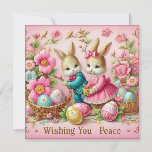 Vintage Easter ~ WISHING YOU PEACE ~ Bunnies ~ Holiday Card (Front)
