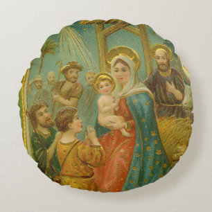 Vintage Edwardian Era Nativity Christmas Card Round Cushion