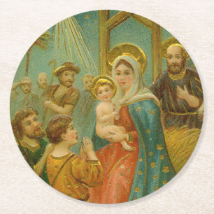 Vintage Edwardian Era Nativity Christmas Card Round Paper Coaster