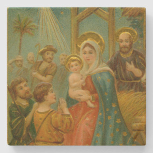 Vintage Edwardian Era Nativity Christmas Card Stone Coaster