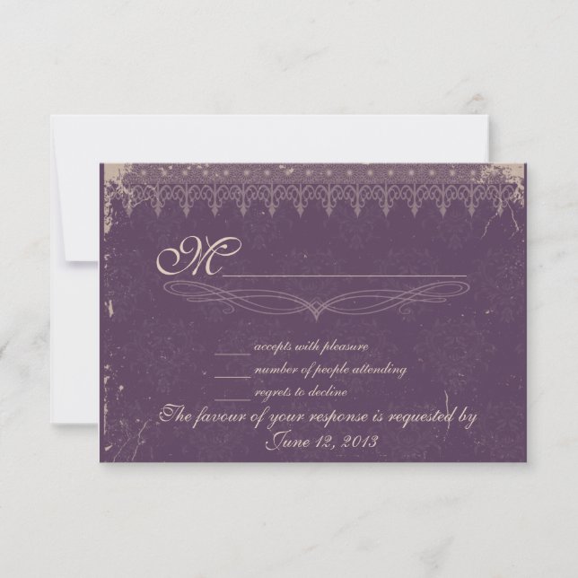 Vintage eggplant damask wedding RSVP Card (Front)