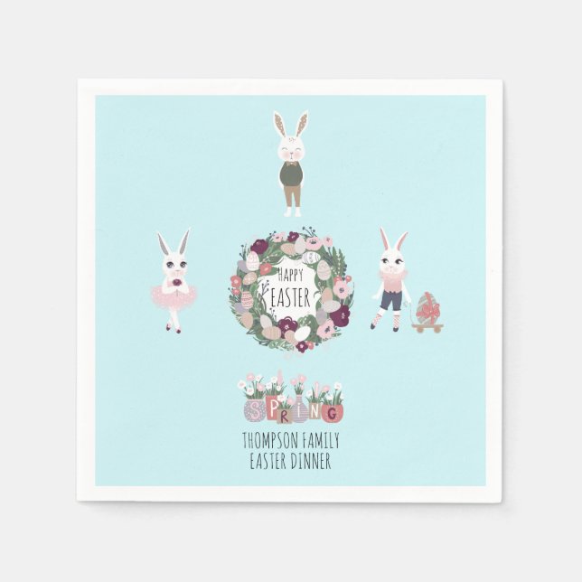 Vintage Eggs Bunny Wildflowers Personalised Easter Napkin (Front)