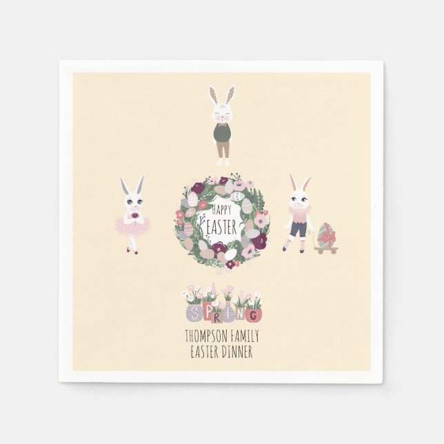 Vintage Eggs Bunny Wildflowers Personalised Easter Napkin (Front)