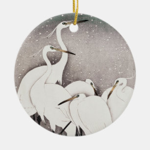 Vintage Egrets In The Snow Ohara Koson Japan Art Ceramic Tree Decoration