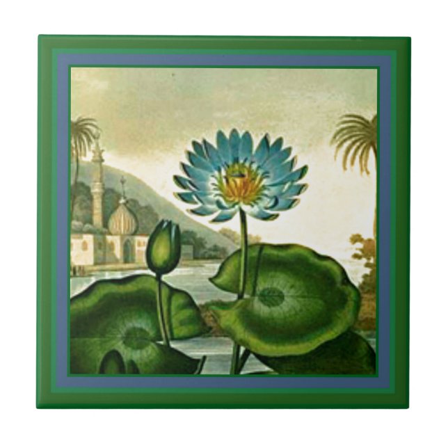 Vintage Egyptian Blue Lotus Flower Green Leaves Tile (Front)