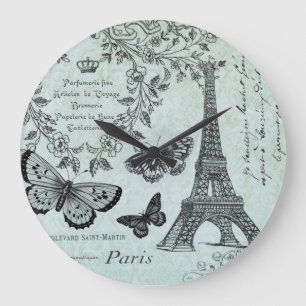 Vintage Eiffel Tower and butterflies wall clock