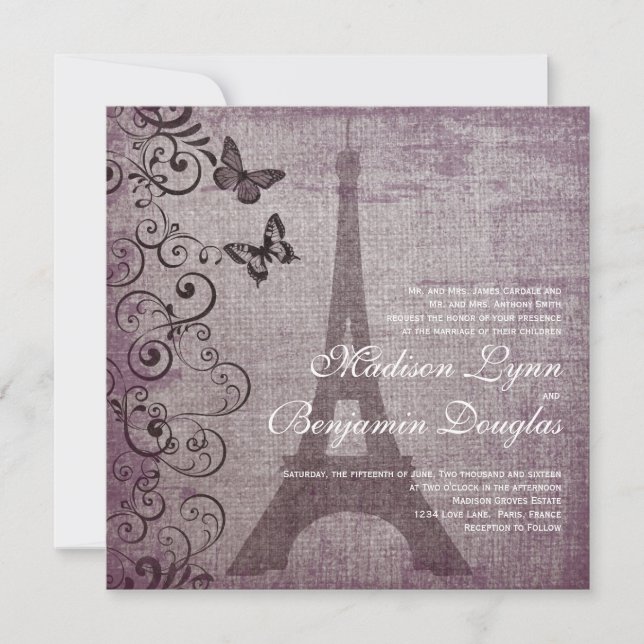 Vintage Eiffel Tower Butterfly Wedding Invitations (Front)