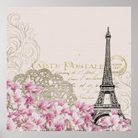 Vintage Eiffel Tower Collage with Pink WIldflowers