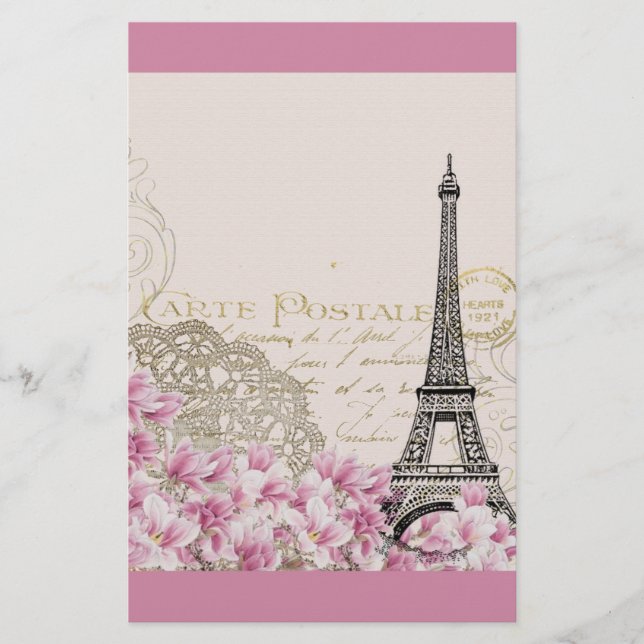 Vintage Eiffel Tower Collage with Pink Wildflowers Stationery (Front)