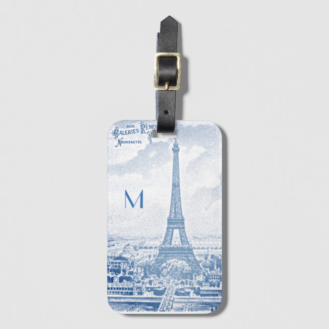 Vintage Eiffel Tower in blue  -monogram Luggage Tag (Front Vertical)