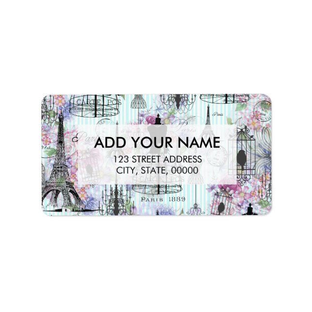 Vintage Eiffel Tower mannequin floral collage Label (Front)