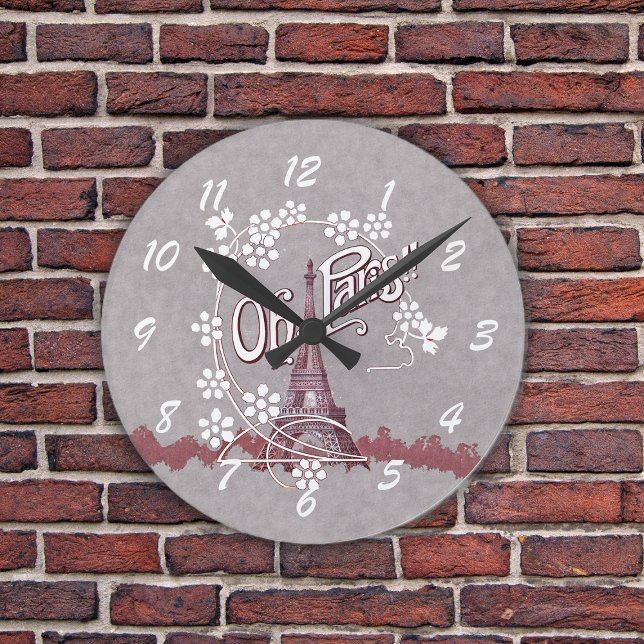 Vintage Eiffel Tower Oh Paris France Daisy Round Clock (Eiffel Tower with Oh Paris text and daisy flowers on grey wall clock.)