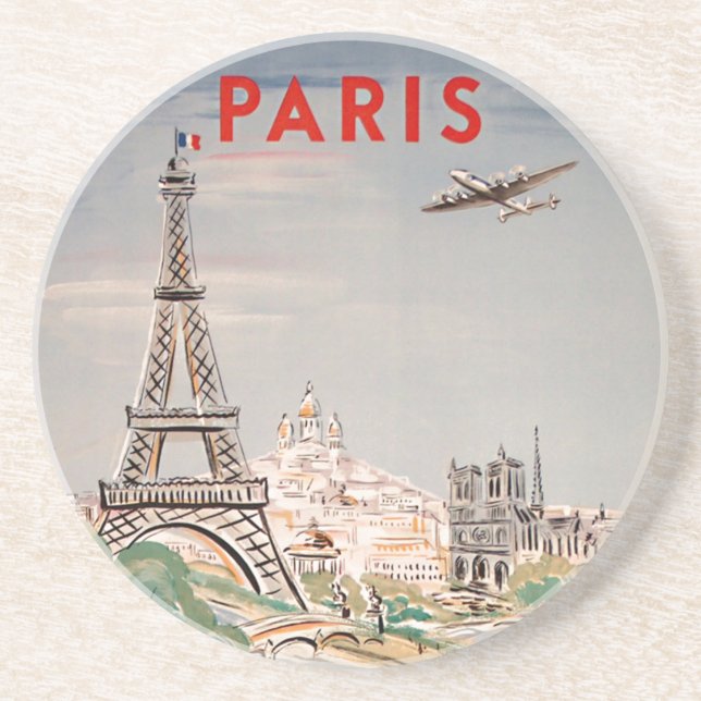 Vintage Eiffel Tower Paris Air Travel Lithograph Coaster (Front)