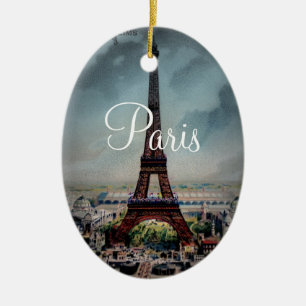 Vintage Eiffel Tower Paris France Postcard Ceramic Tree Decoration