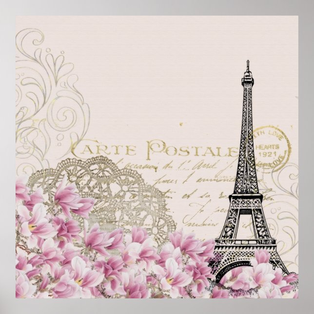 Vintage Eiffel Tower Paris France Romance Rose Poster (Front)