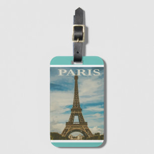 Vintage Eiffel Tower Paris France Teal & White Lug Luggage Tag